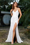 Hochgeschlitztes Meerjungfrau-Tüll-Abschlussball-Partykleid, formelle Abendkleider, Applikationen, Spitze, V-Ausschnitt