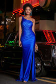 One Shoulder Beaded Jersey Gown Sweep Train Formal Evening Dresses with Slit Prom Party Gowns
