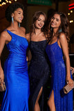 One Shoulder Beaded Jersey Gown Sweep Train Formal Evening Dresses with Slit Prom Party Gowns