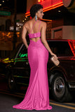 One Shoulder Beaded Jersey Gown Sweep Train Formal Evening Dresses with Slit Prom Party Gowns