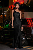One Shoulder Beaded Jersey Gown Sweep Train Formal Evening Dresses with Slit Prom Party Gowns