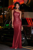 One Shoulder Beaded Jersey Gown Sweep Train Formal Evening Dresses with Slit Prom Party Gowns