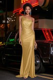 One Shoulder Beaded Jersey Gown Sweep Train Formal Evening Dresses with Slit Prom Party Gowns