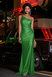 One Shoulder Beaded Jersey Gown Sweep Train Formal Evening Dresses with Slit Prom Party Gowns