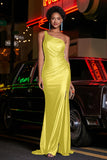 One Shoulder Beaded Jersey Gown Sweep Train Formal Evening Dresses with Slit Prom Party Gowns