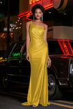 One Shoulder Beaded Jersey Gown Sweep Train Formal Evening Dresses with Slit Prom Party Gowns