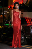 One Shoulder Beaded Jersey Gown Sweep Train Formal Evening Dresses with Slit Prom Party Gowns