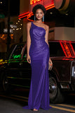 One Shoulder Beaded Jersey Gown Sweep Train Formal Evening Dresses with Slit Prom Party Gowns