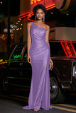 One Shoulder Beaded Jersey Gown Sweep Train Formal Evening Dresses with Slit Prom Party Gowns