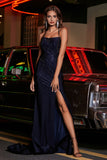 Langes Abendkleid aus Jersey mit Schnürung am Rücken und hohem Schlitz, Abschlussball-Partykleid
