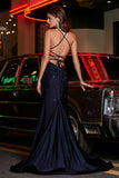 Langes Abendkleid aus Jersey mit Schnürung am Rücken und hohem Schlitz, Abschlussball-Partykleid