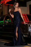 Langes Abendkleid aus Jersey mit Schnürung am Rücken und hohem Schlitz, Abschlussball-Partykleid