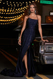 Langes Abendkleid aus Jersey mit Schnürung am Rücken und hohem Schlitz, Abschlussball-Partykleid