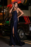 Langes Abendkleid aus Jersey mit Schnürung am Rücken und hohem Schlitz, Abschlussball-Partykleid