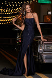 Langes Abendkleid aus Jersey mit Schnürung am Rücken und hohem Schlitz, Abschlussball-Partykleid