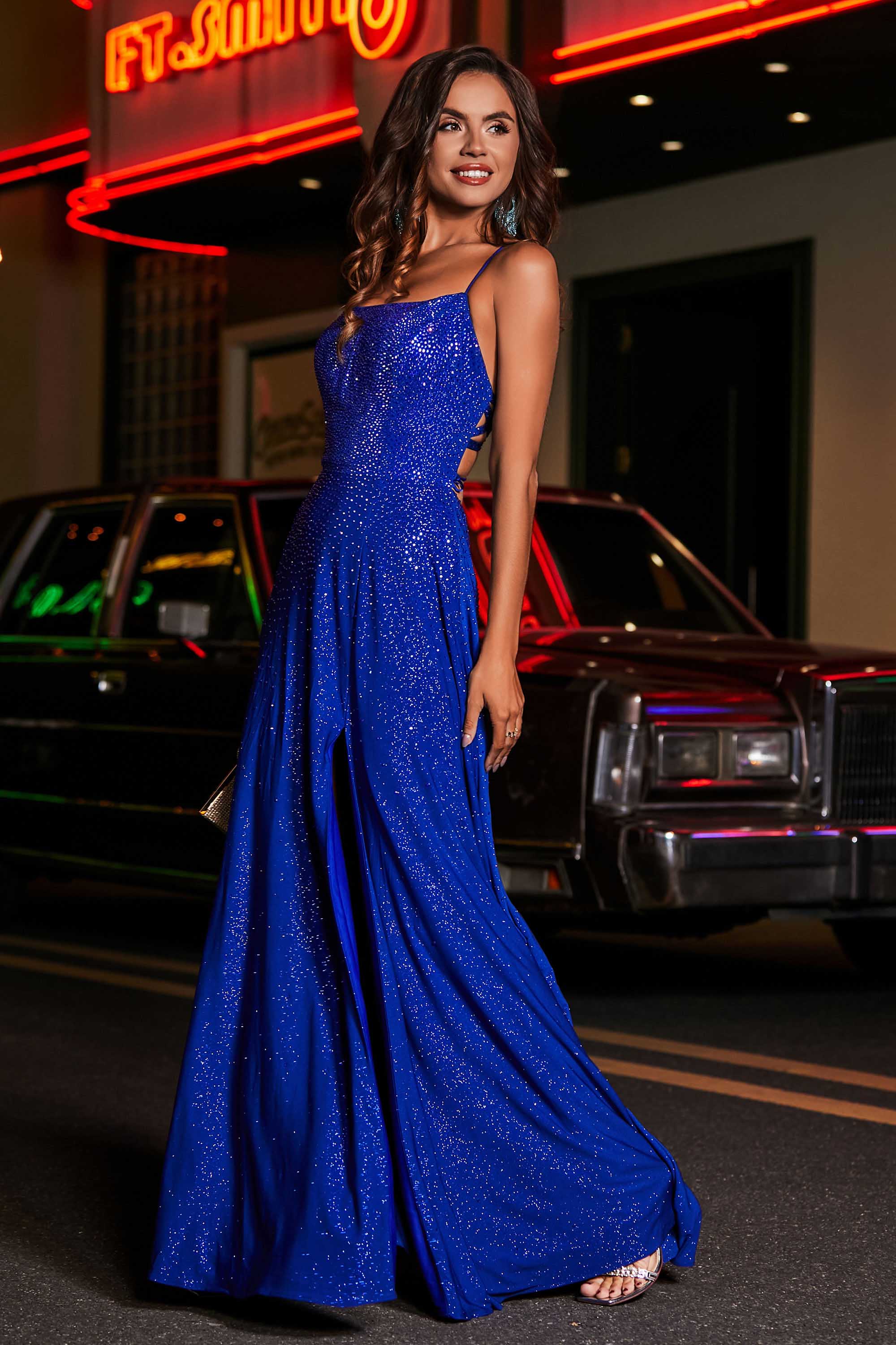Open Back Beaded Long Jersey Prom Party Dress Formal Evening Dresses