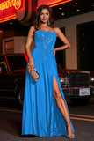 Open Back Beaded Long Jersey Prom Party Dress Formal Evening Dresses