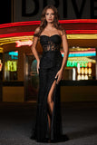 Trägerloses Abendkleid mit hohem Schlitz und Spitze im Meerjungfrau-Stil, formelles Abschlussball-Partykleid
