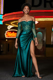 Off Shoulder Beaded Top Satin Prom Party Dress Evening Formal Gowns