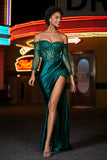 Off Shoulder Beaded Top Satin Prom Party Dress Evening Formal Gowns