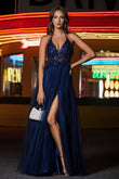 A Line Ruched Tulle Prom Party Dress with Slit Formal Evening Dresses with Beaded