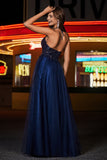 A Line Ruched Tulle Prom Party Dress with Slit Formal Evening Dresses with Beaded