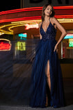 A Line Ruched Tulle Prom Party Dress with Slit Formal Evening Dresses with Beaded