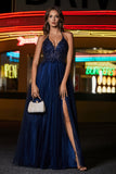 A Line Ruched Tulle Prom Party Dress with Slit Formal Evening Dresses with Beaded