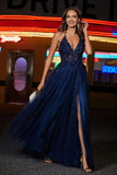 A Line Ruched Tulle Prom Party Dress with Slit Formal Evening Dresses with Beaded