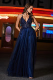 A Line Ruched Tulle Prom Party Dress with Slit Formal Evening Dresses with Beaded
