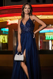 A Line Ruched Tulle Prom Party Dress with Slit Formal Evening Dresses with Beaded