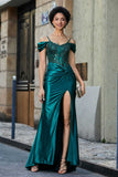 Flügelärmeln Perlenbesetztes Maxi-Satin Abendkleid Ballkleid Partykleider