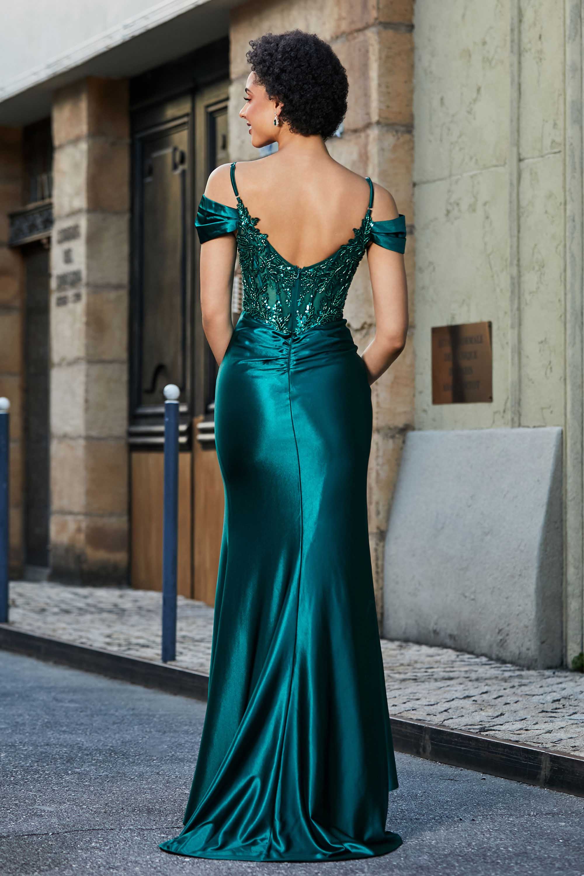 Flügelärmeln Perlenbesetztes Maxi-Satin Abendkleid Ballkleid Partykleider