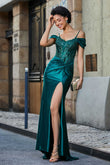 Vestido de noche formal de satén con abertura alta y hombros descubiertos, estilo sirena, para fiesta de graduación