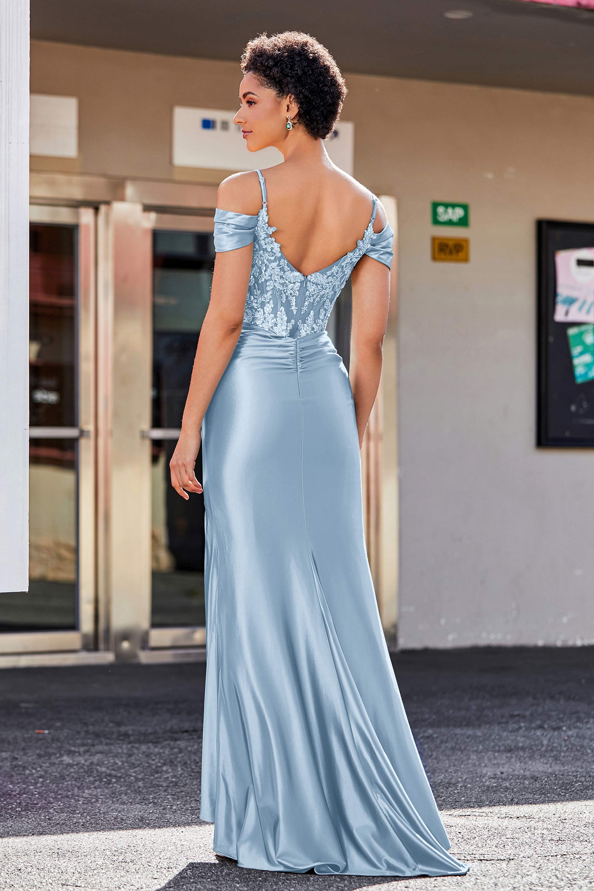 Flügelärmeln Perlenbesetztes Maxi-Satin Abendkleid Ballkleid Partykleider
