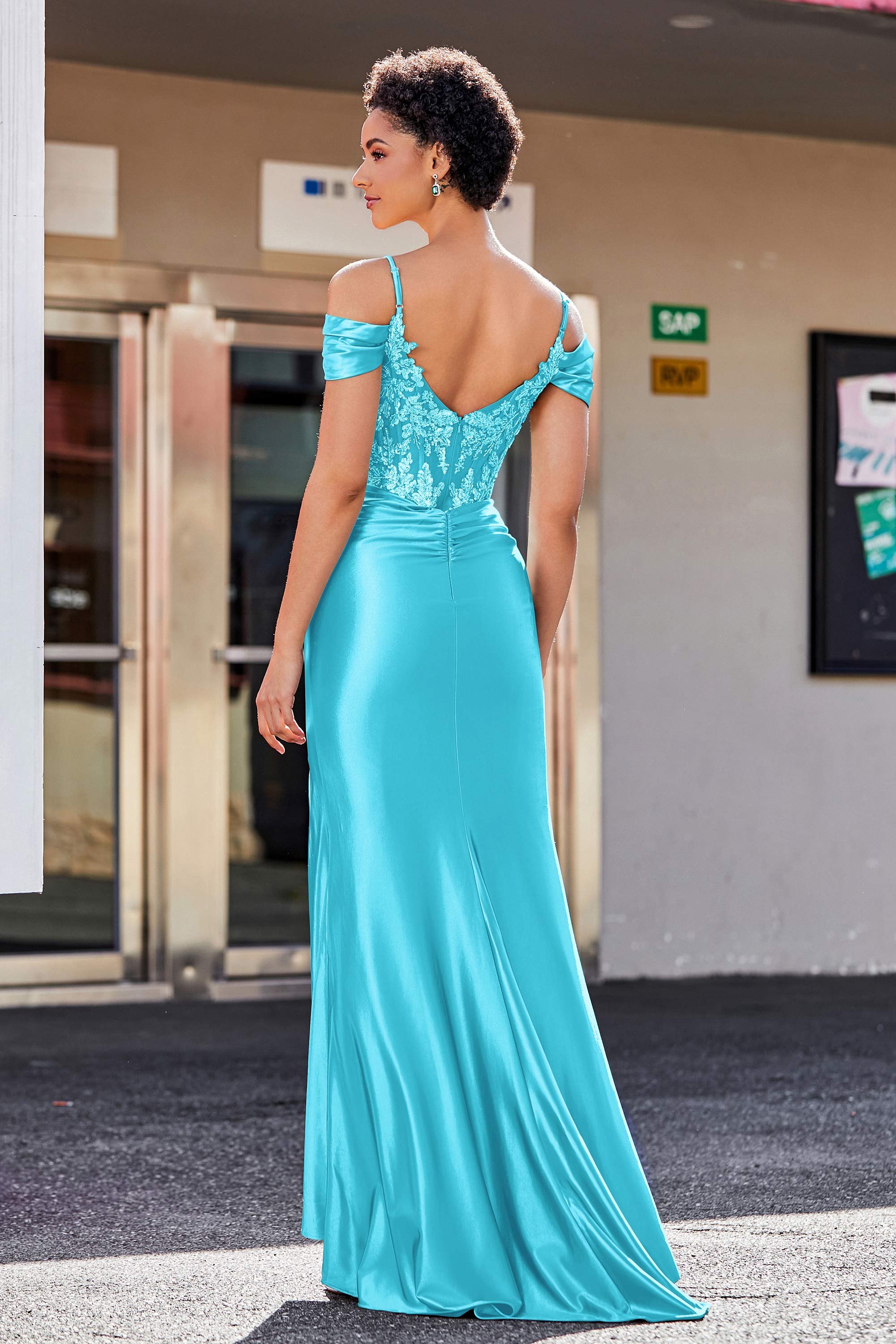 Flügelärmeln Perlenbesetztes Maxi-Satin Abendkleid Ballkleid Partykleider