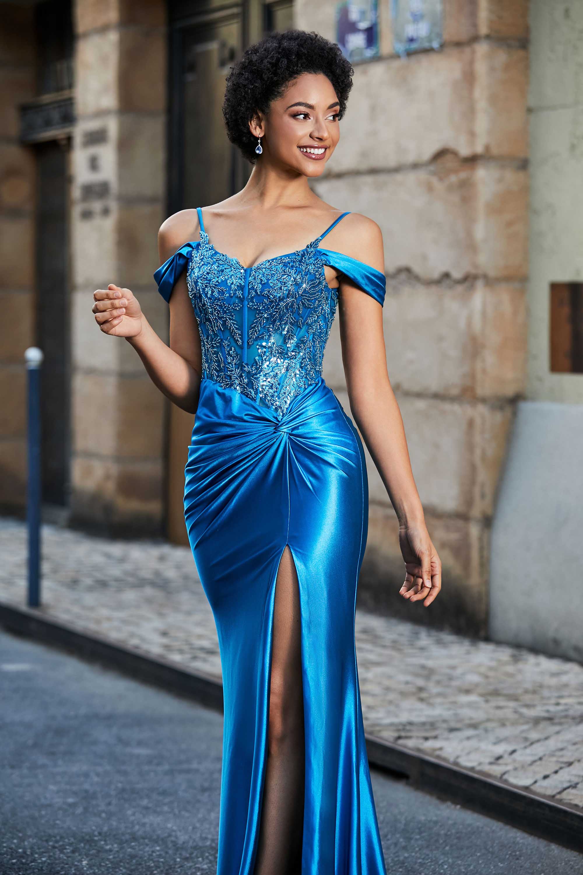 Flügelärmeln Perlenbesetztes Maxi-Satin Abendkleid Ballkleid Partykleider