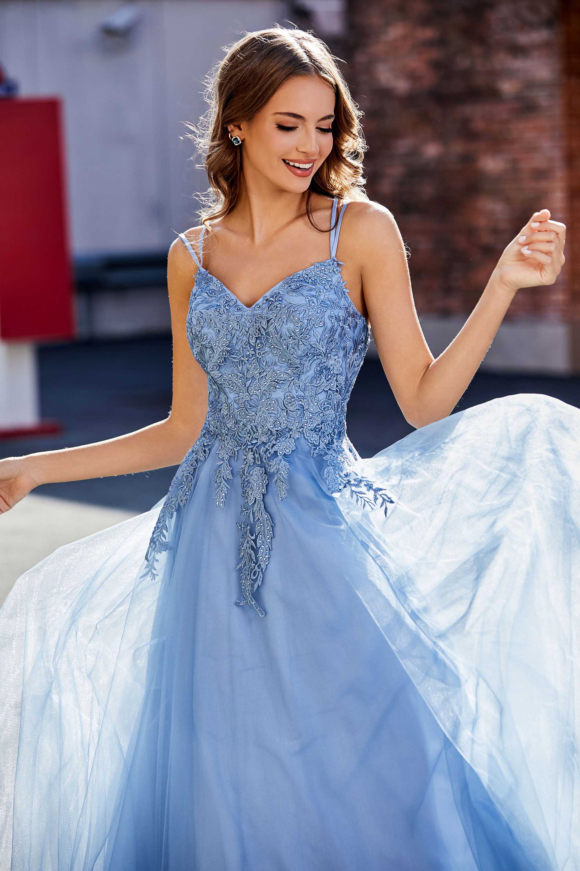 A Line Lace Applique Long Tulle Prom Party Dress Formal Evening Ball Gowns