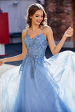 A Line Lace Applique Long Tulle Prom Party Dress Formal Evening Ball Gowns
