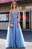 A Line Lace Applique Long Tulle Prom Party Dress Formal Evening Ball Gowns