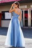 A Line Lace Applique Long Tulle Prom Party Dress Formal Evening Ball Gowns