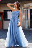A Line Lace Applique Long Tulle Prom Party Dress Formal Evening Ball Gowns