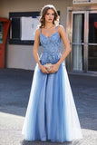 A Line Lace Applique Long Tulle Prom Party Dress Formal Evening Ball Gowns