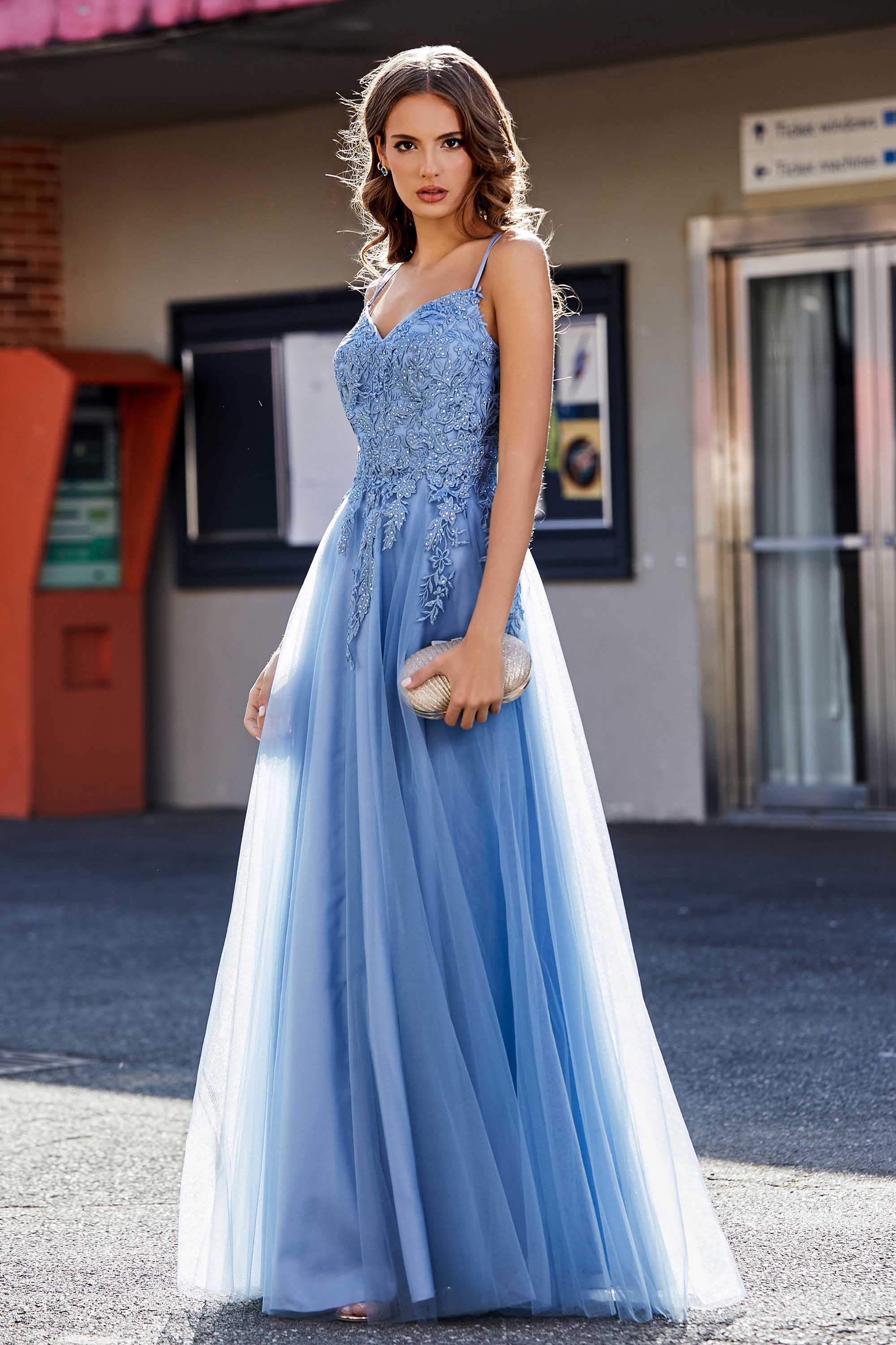 A Line Lace Applique Long Tulle Prom Party Dress Formal Evening Ball Gowns