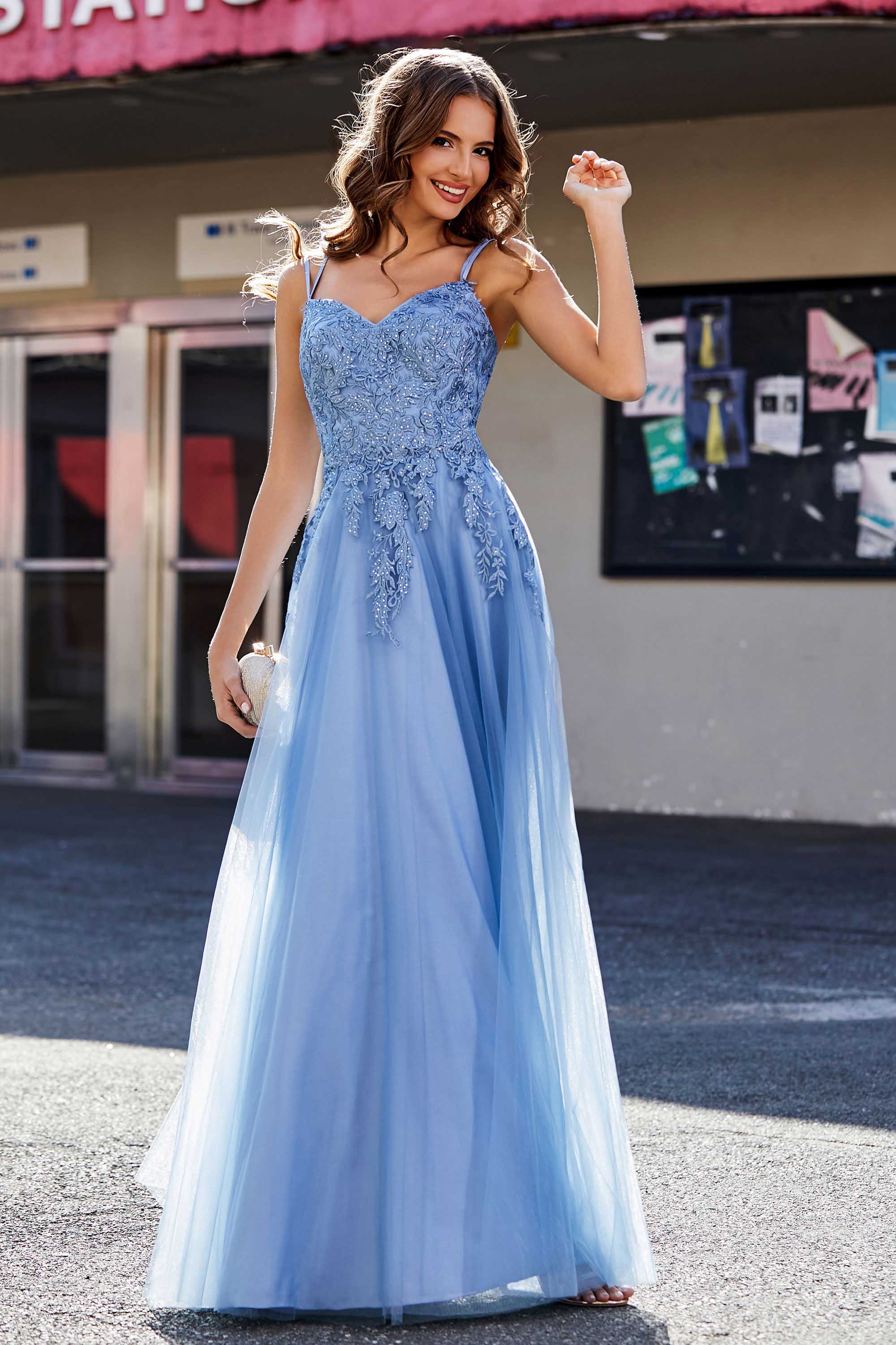 A Line Lace Applique Long Tulle Prom Party Dress Formal Evening Ball Gowns
