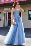 A Line Lace Applique Long Tulle Prom Party Dress Formal Evening Ball Gowns