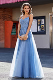A Line Lace Applique Long Tulle Prom Party Dress Formal Evening Ball Gowns