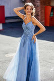 A Line Lace Applique Long Tulle Prom Party Dress Formal Evening Ball Gowns