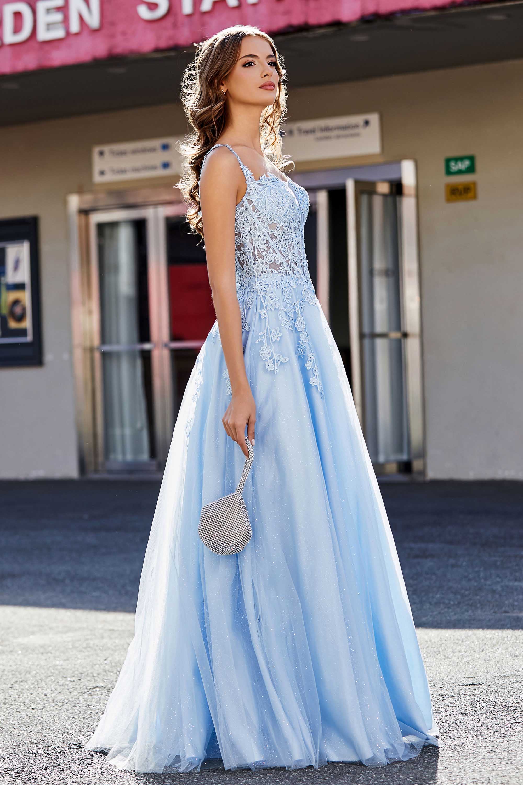 Lace Applique Corset Top Tulle Prom Party Gown Formal Evening Dresses