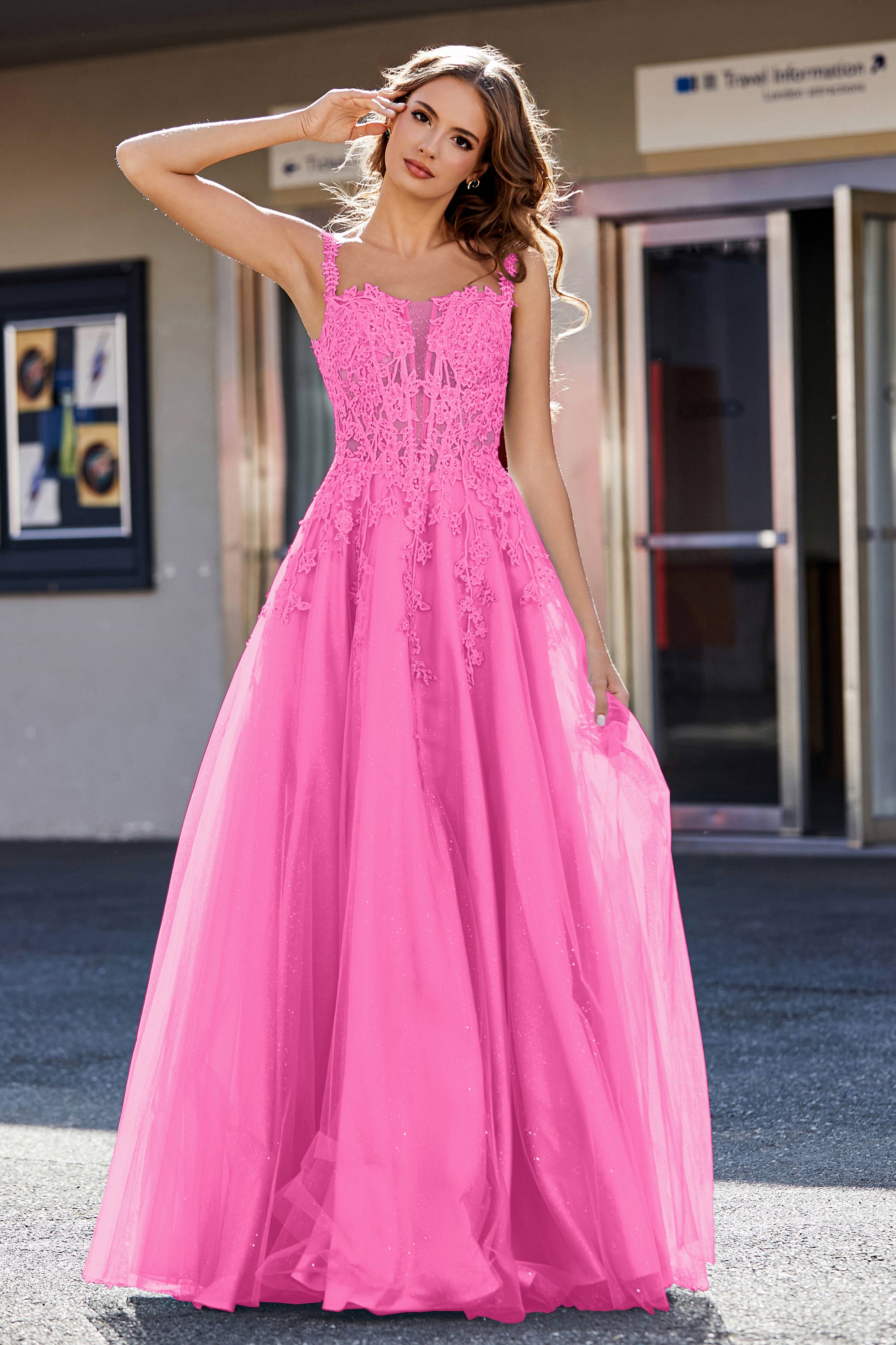 Lace Applique Corset Top Tulle Prom Party Gown Formal Evening Dresses